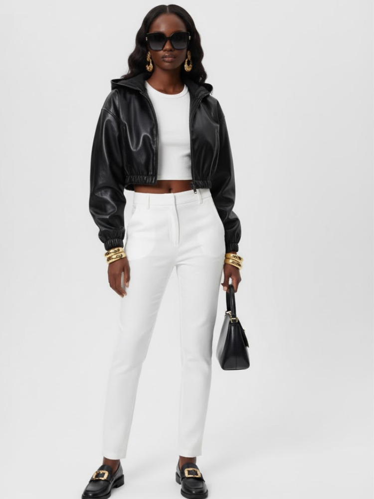 Women's Cropped Vegan Leather Bomber Jacket CHELSEA COUTURE BYMANYC ® New York-1