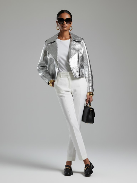 Women's Metallic Vegan Leather Biker Jacket SILVER WALL STREET COUTURE BYMANYC ® New York-0