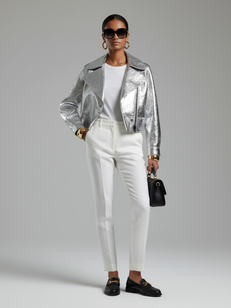 Women's Metallic Vegan Leather Biker Jacket SILVER WALL STREET COUTURE BYMANYC ® New York-2