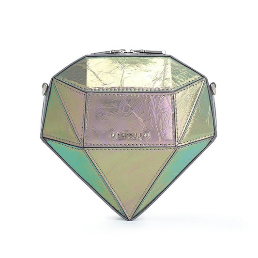 Diamond-shaped iridescent leather mini crossbody handbag with a geometric faceted design, silver hardware, zip-top closure, and detachable chain strap, displayed on a white background.
