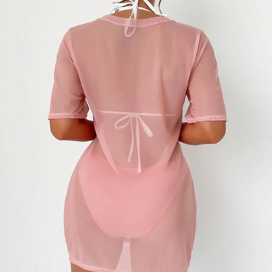 Pink sheer outfit on a white background