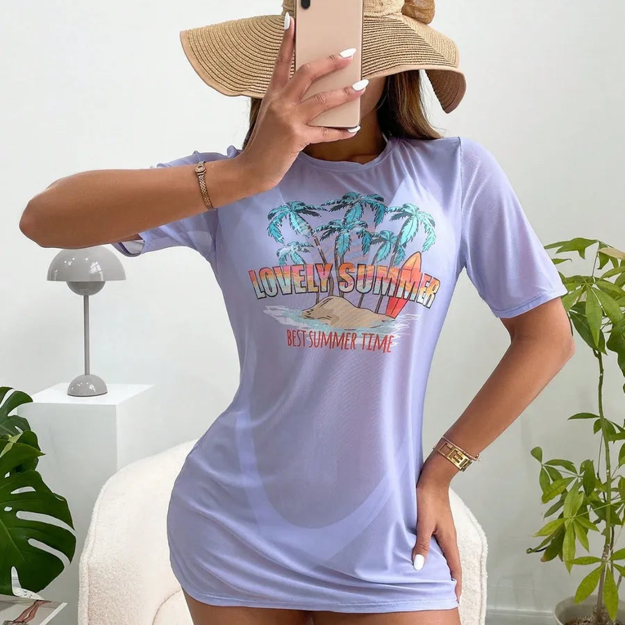 Person wearing a purple t-shirt with a 'Lovely Summer Best Summer Time" graphic and orange shorts on a light background. Women's Black Split Swimsuit Bikini Featuring Polyester Fabric with Printing, Perfect for Swimming Pool