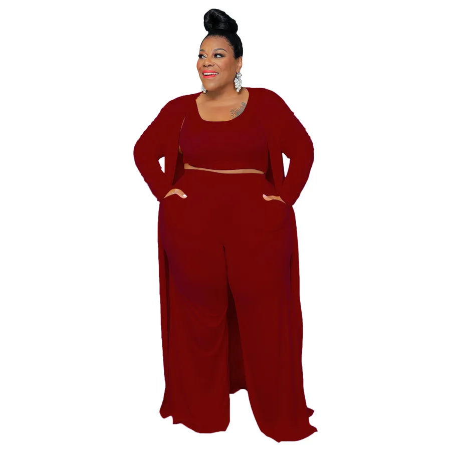 Women's Casual Solid Color Spandex Polyester Pants Sets - Plus Size 3 piece set burgundy outfit