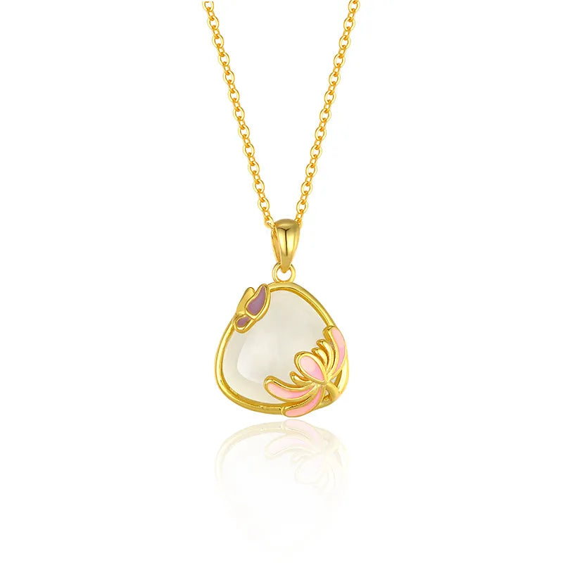 Gold necklace with a heart-shaped pendant on a white background. Women's Gold plated over S925 Sterling Silver Necklace with Natural Turandontite Chrysanthemum Pendant Geometric Pattern Luxury Minimalist Design
