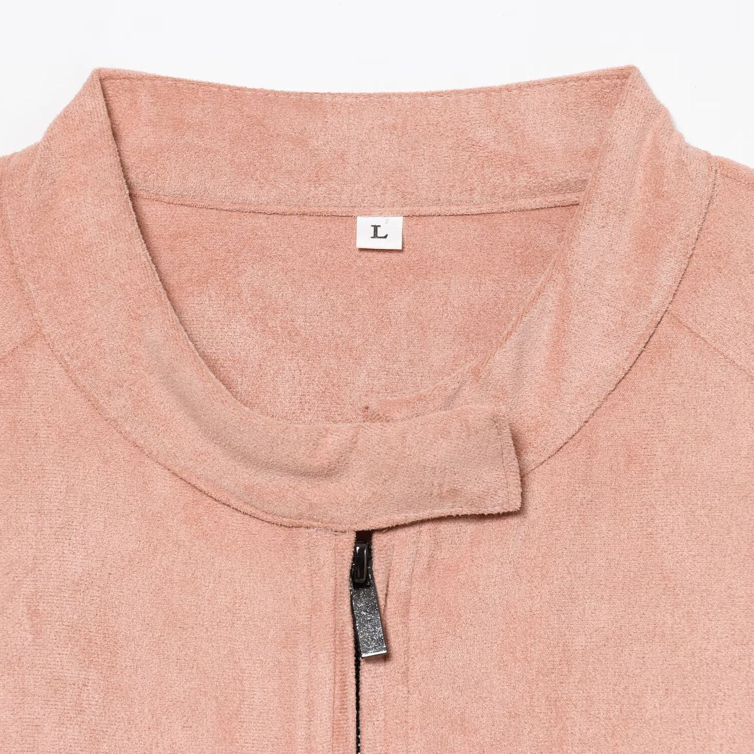 Women's Lotus Pink Faux Suede Zip-Up Bomber Jacket: Stand Collar Casual Coat, Faux suede soft material close up 