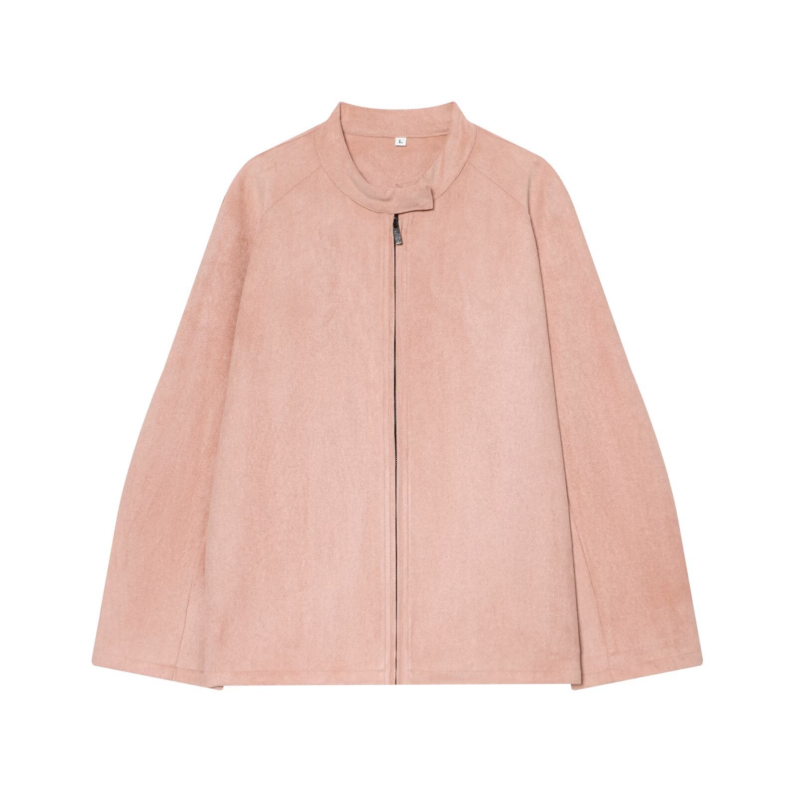 Women's Lotus Pink Faux Suede Zip-Up Bomber Jacket: Stand Collar Casual Coat