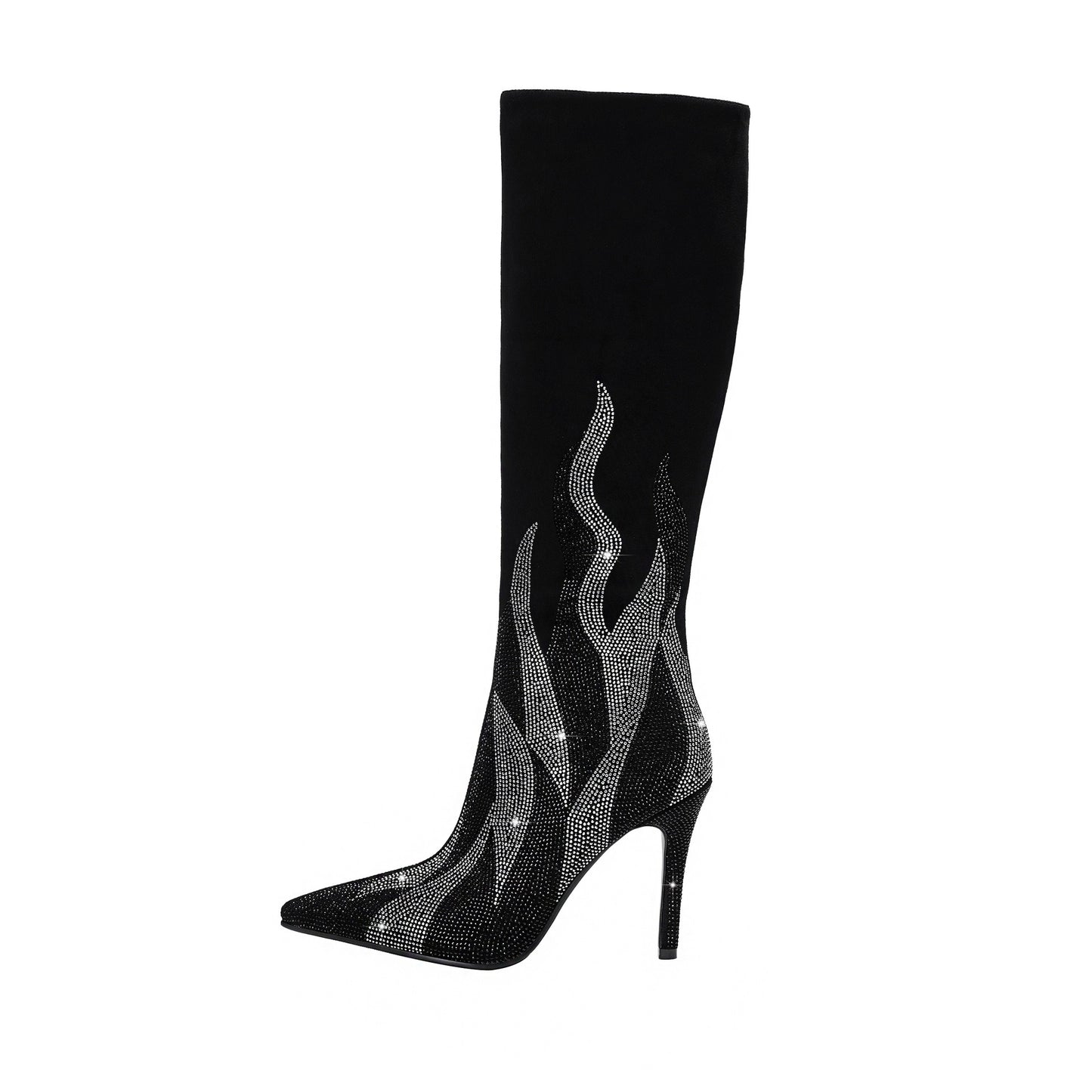 Black knee-high boot with silver flame design on a white background