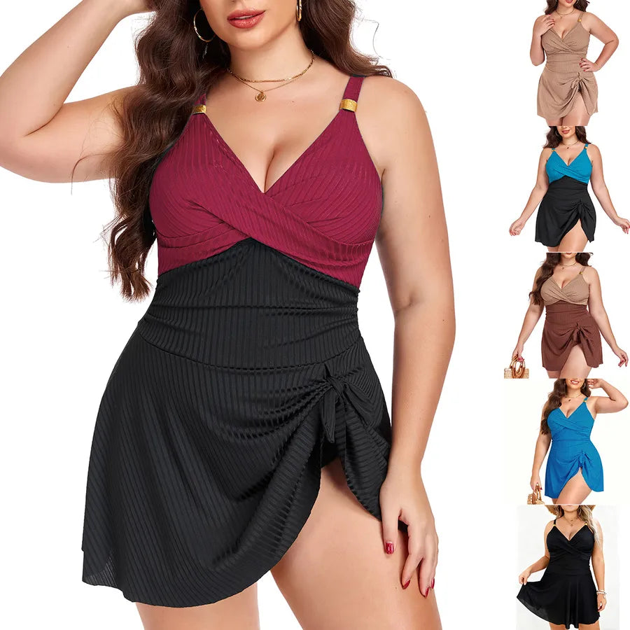 Woman wearing a two-tone dress with a collage of different color options. Women's Plus Size One-Piece Swimsuit – Elegant Solid Color Swimwear ( L–5XL Sizes ) 6 color options available: light brow solid, burgundy and black, Turquoise Blue and black, light brown and dark brown, Turquoise Blue solid, or solid black.