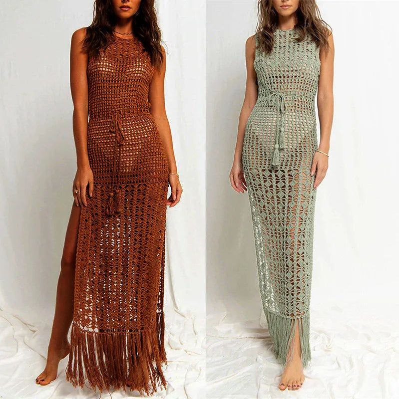 Two crocheted dresses, one brown and one green, on a white background. beach cover up, crochet, crochet dress, resort wear, vacation, beachwear, swim cover up, bikini cover up, sleeveless, maxi dress, boho, knit, tassel, poolside, cruise, tropical, summer, women, resort, coastal, LUXEBYMIMI