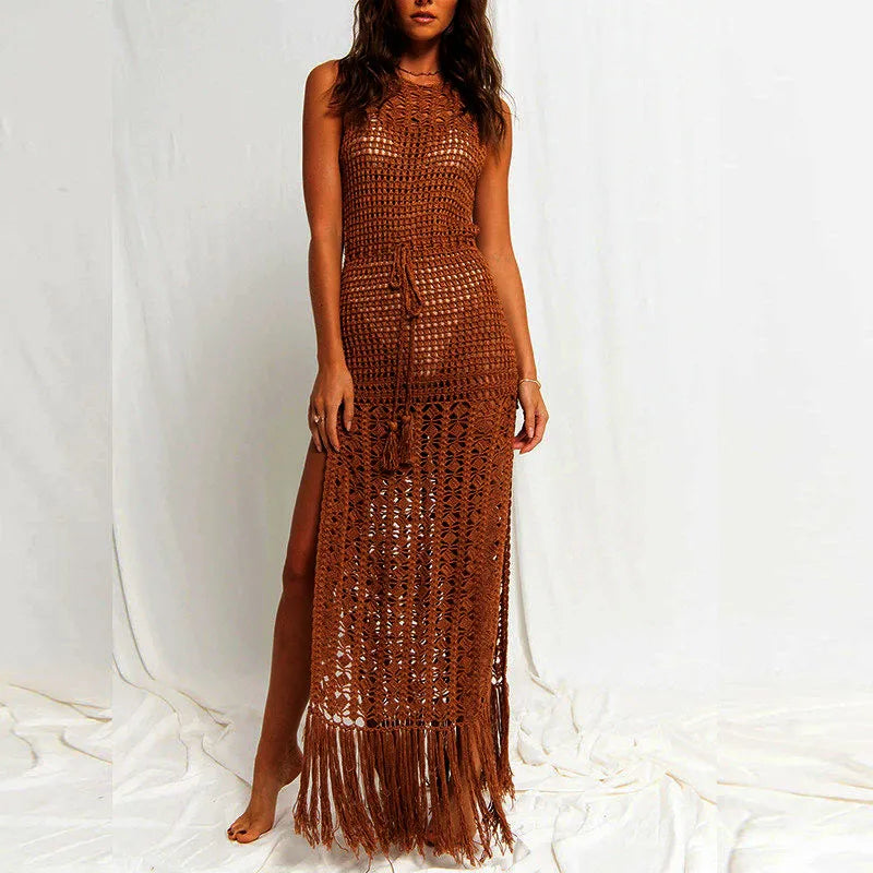 Brown crochet dress with fringe details on a white background beach cover up, crochet beach cover up, crochet dress, beach cover up dress, sleeveless cover up, swimsuit cover up, bikini cover up, resort wear, resort cover up, vacation cover up, beachwear women, women's beachwear, maxi cover up, long beach dress, crochet beach dress, knit cover up, open knit dress, boho beachwear, bohemian cover up, tropical vacation outfit, cruise wear, poolside cover up, luxury resort wear, vacation essentials, summer