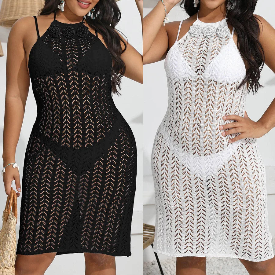 Black and white lace dresses worn by a model on a neutral background