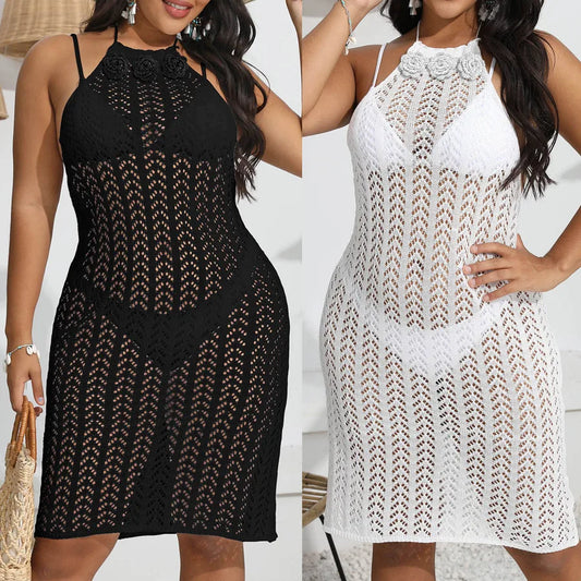 Black and white lace dresses worn by a model on a neutral background
