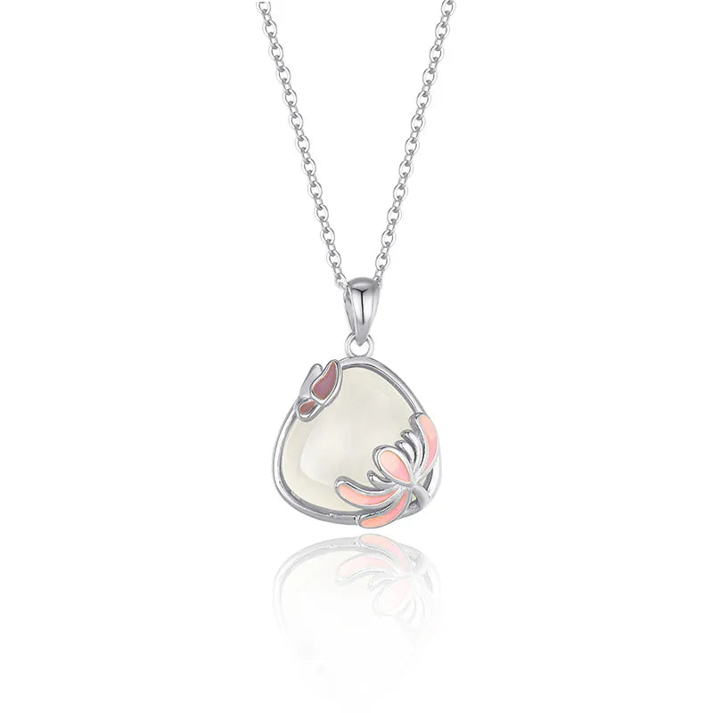Women's S925 sterling silver necklace with a natural white Turandot stone pendant featuring delicate pink butterfly accents on a white background.