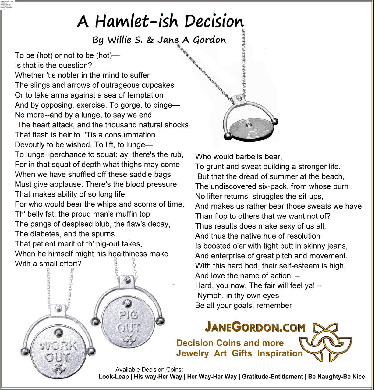 Decision Coin Necklace: "Work Out/ Pig Out" Sterling Silver & Diamonds-4