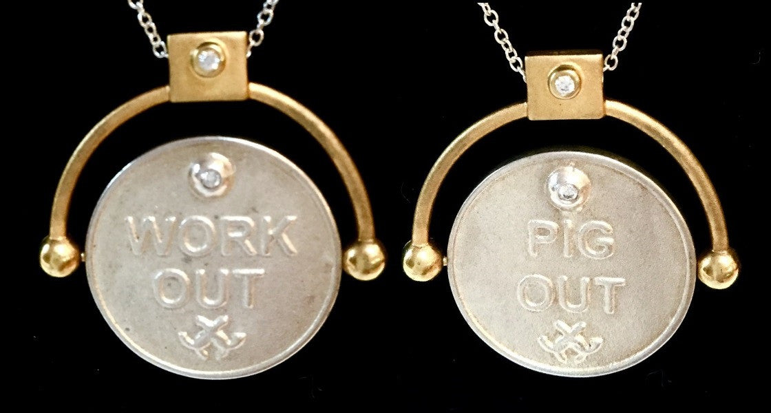 Decision Coin Necklace: "Work Out/ Pig Out" Sterling Silver & Diamonds-5