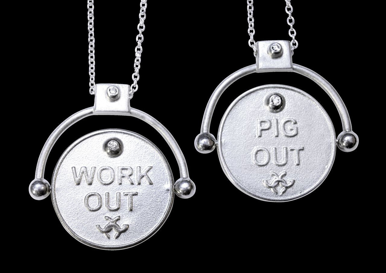 Decision Coin Necklace: "Work Out/ Pig Out" Sterling Silver & Diamonds-10