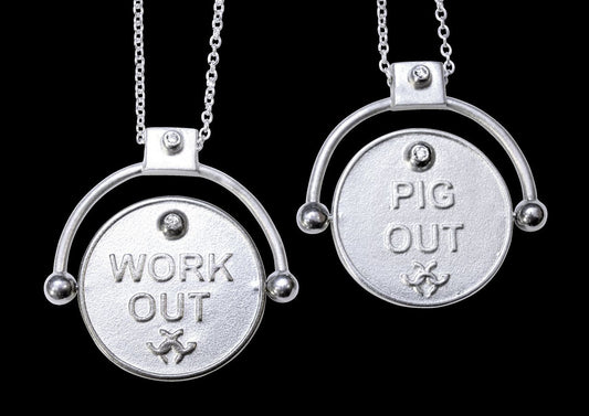 Decision Coin Necklace: "Work Out/ Pig Out" Sterling Silver & Diamonds-10