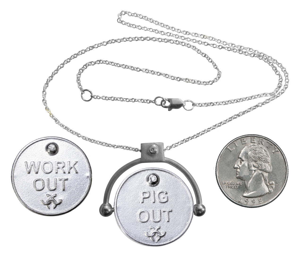 Decision Coin Necklace: "Work Out/ Pig Out" Sterling Silver & Diamonds-1