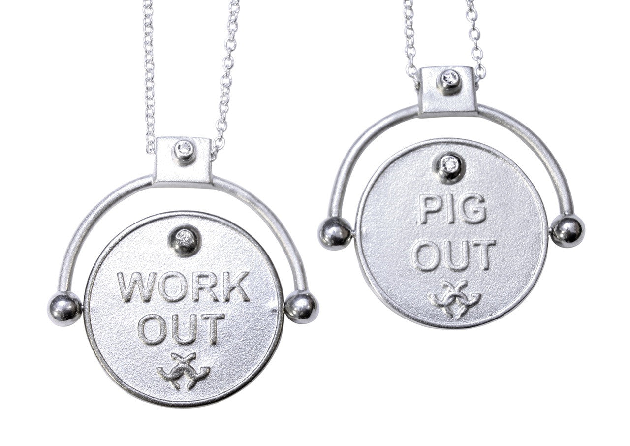 Decision Coin Necklace: "Work Out/ Pig Out" Sterling Silver & Diamonds-0