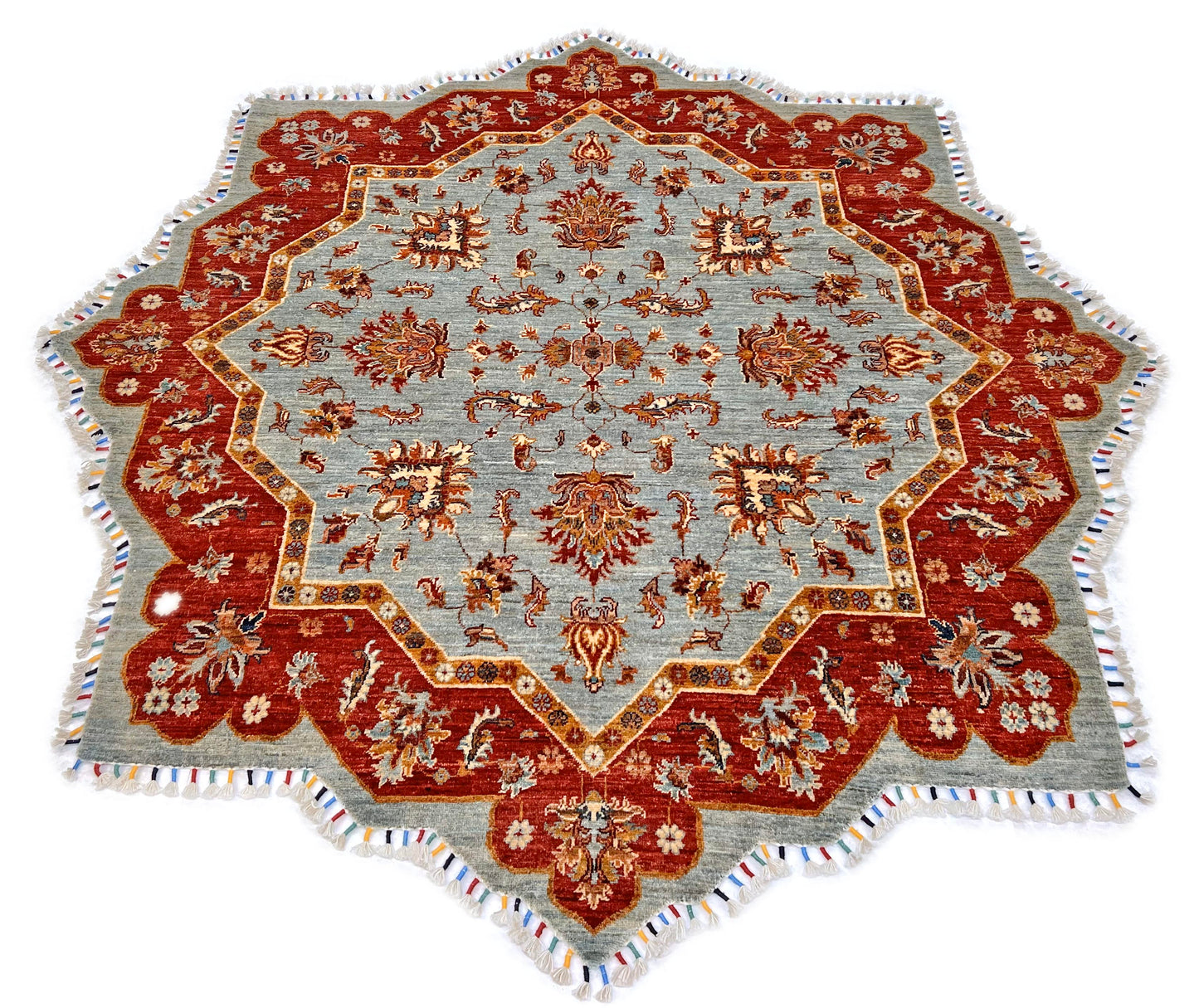 Afghan Made Scalloped Edge Rug (6'07"x6'08") gray/red-1