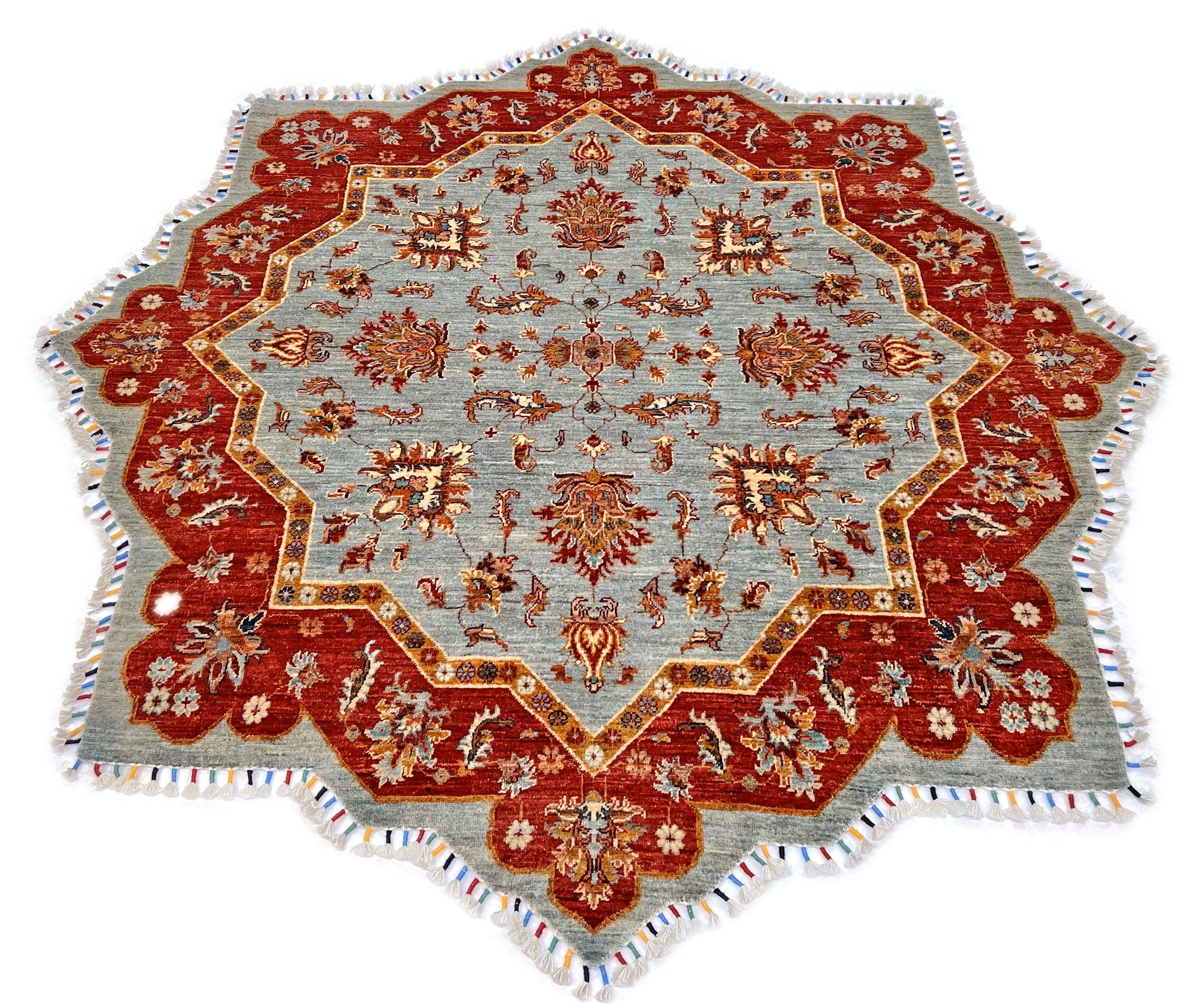 Afghan Made Scalloped Edge Rug (6'07"x6'08") gray/red-1