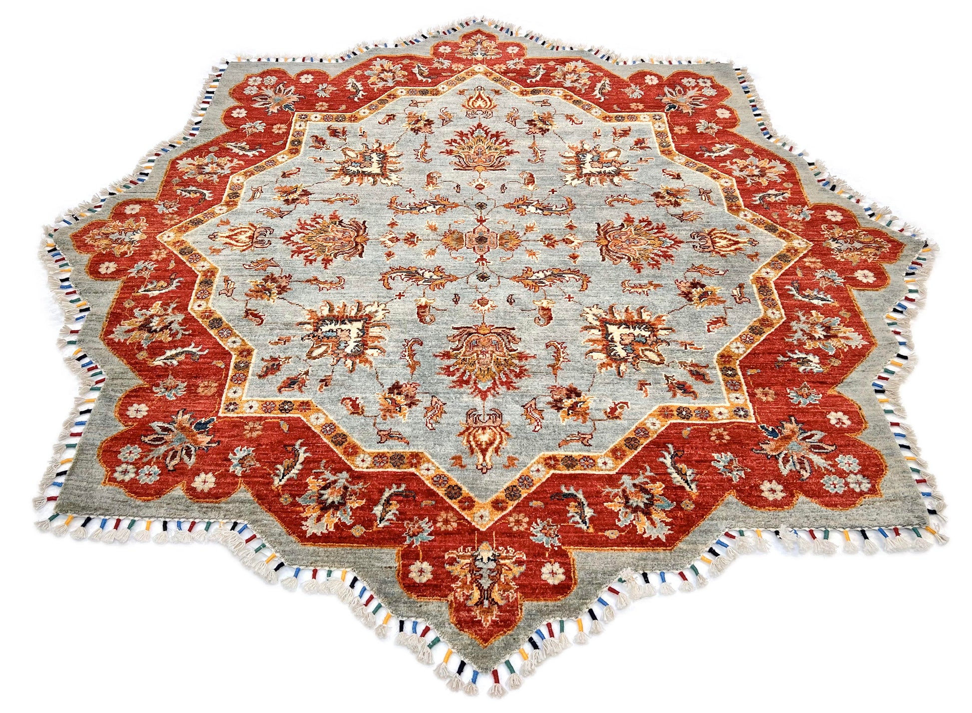 Afghan Made Scalloped Edge Rug (6'07"x6'08") gray/red-2