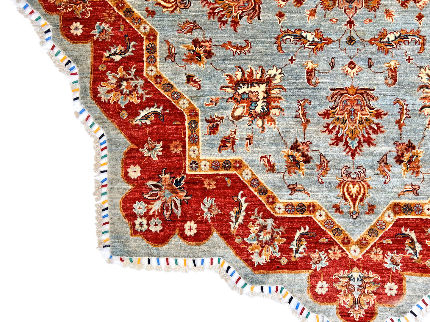 Afghan Made Scalloped Edge Rug (6'07"x6'08") gray/red-3
