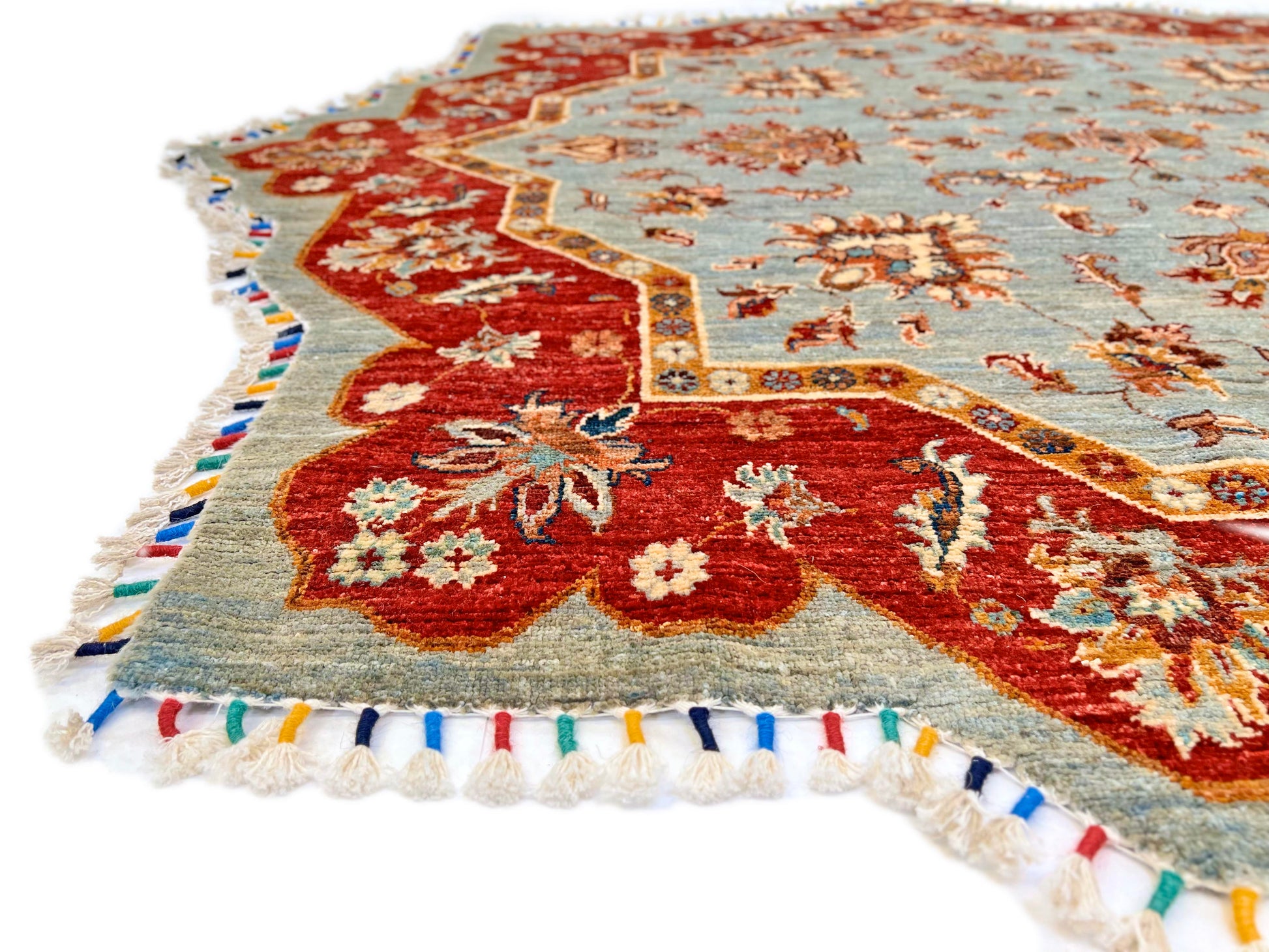 Afghan Made Scalloped Edge Rug (6'07"x6'08") gray/red-4