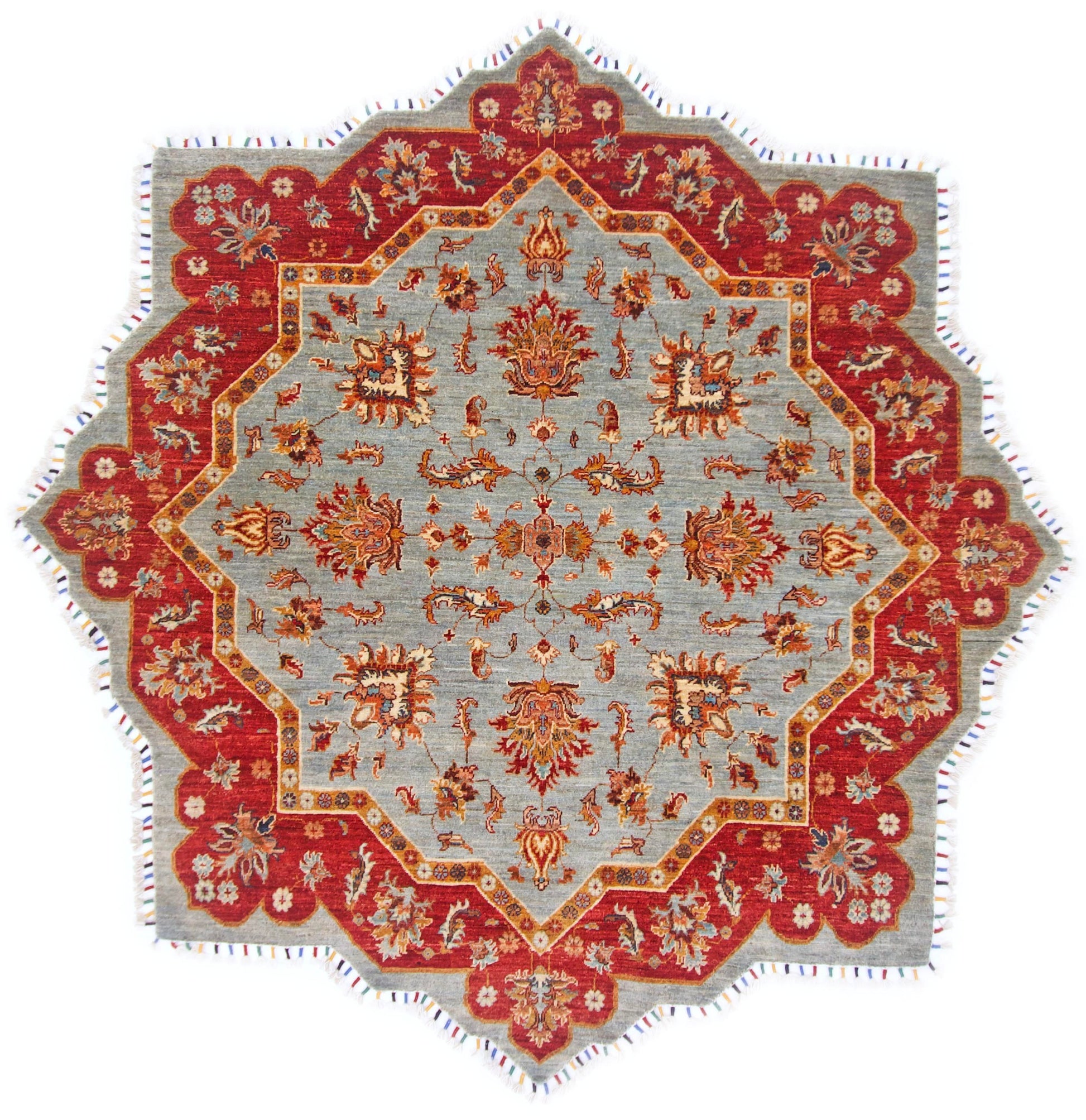 Afghan Made Scalloped Edge Rug (6'07"x6'08") gray/red-0