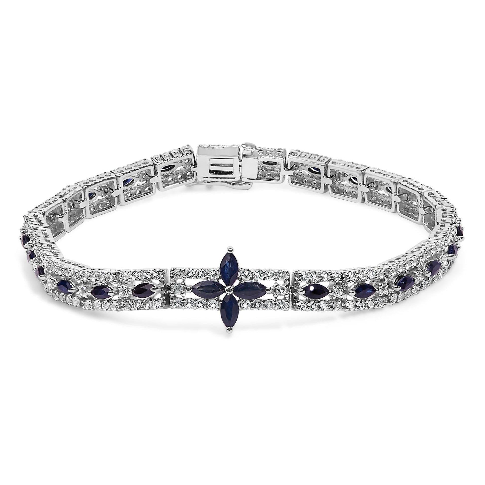 Sterling Silver Dark Blue Sapphire and Topaz Marquise Floral Art Deco Link Bracelet-0