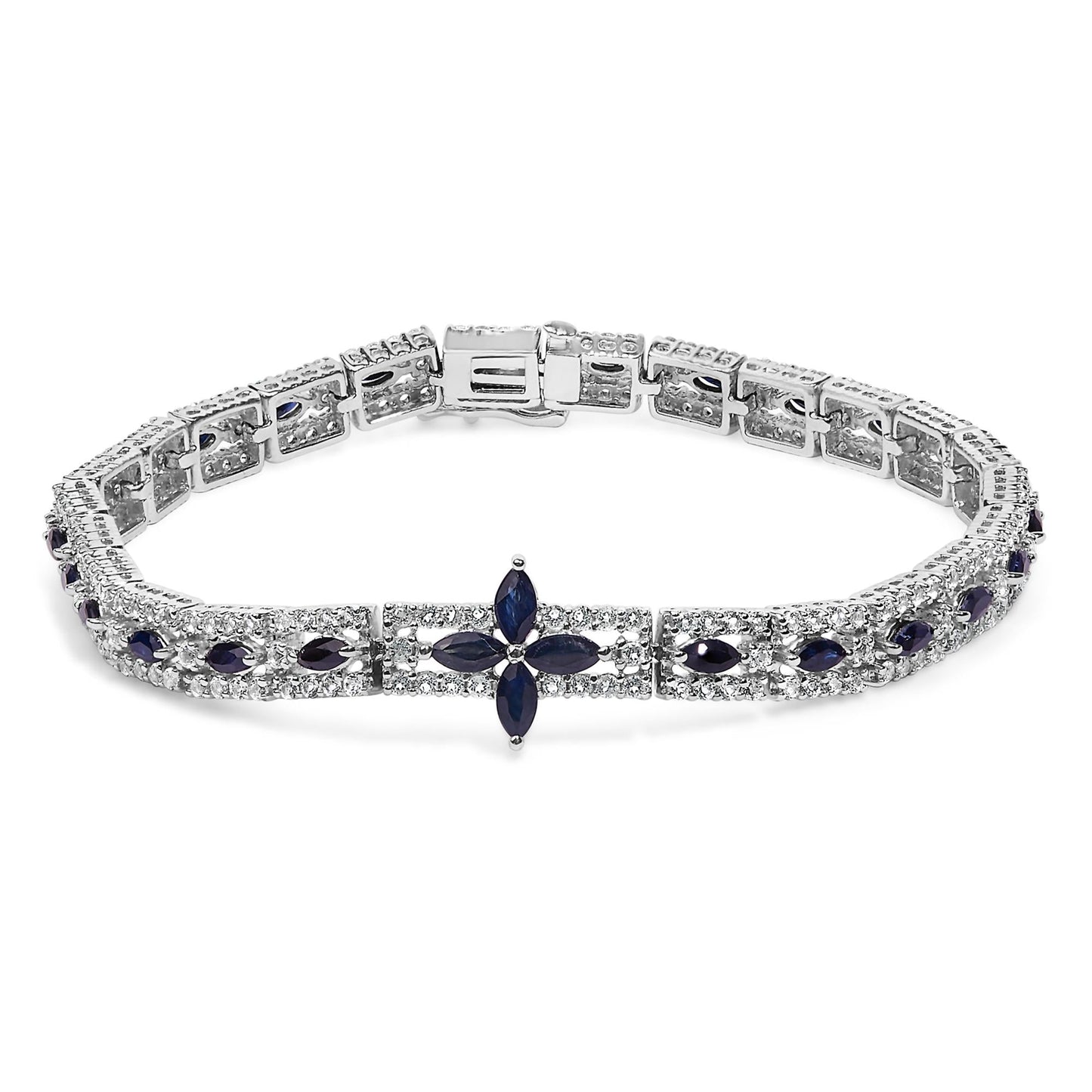 Sterling Silver Dark Blue Sapphire and Topaz Marquise Floral Art Deco Link Bracelet-0