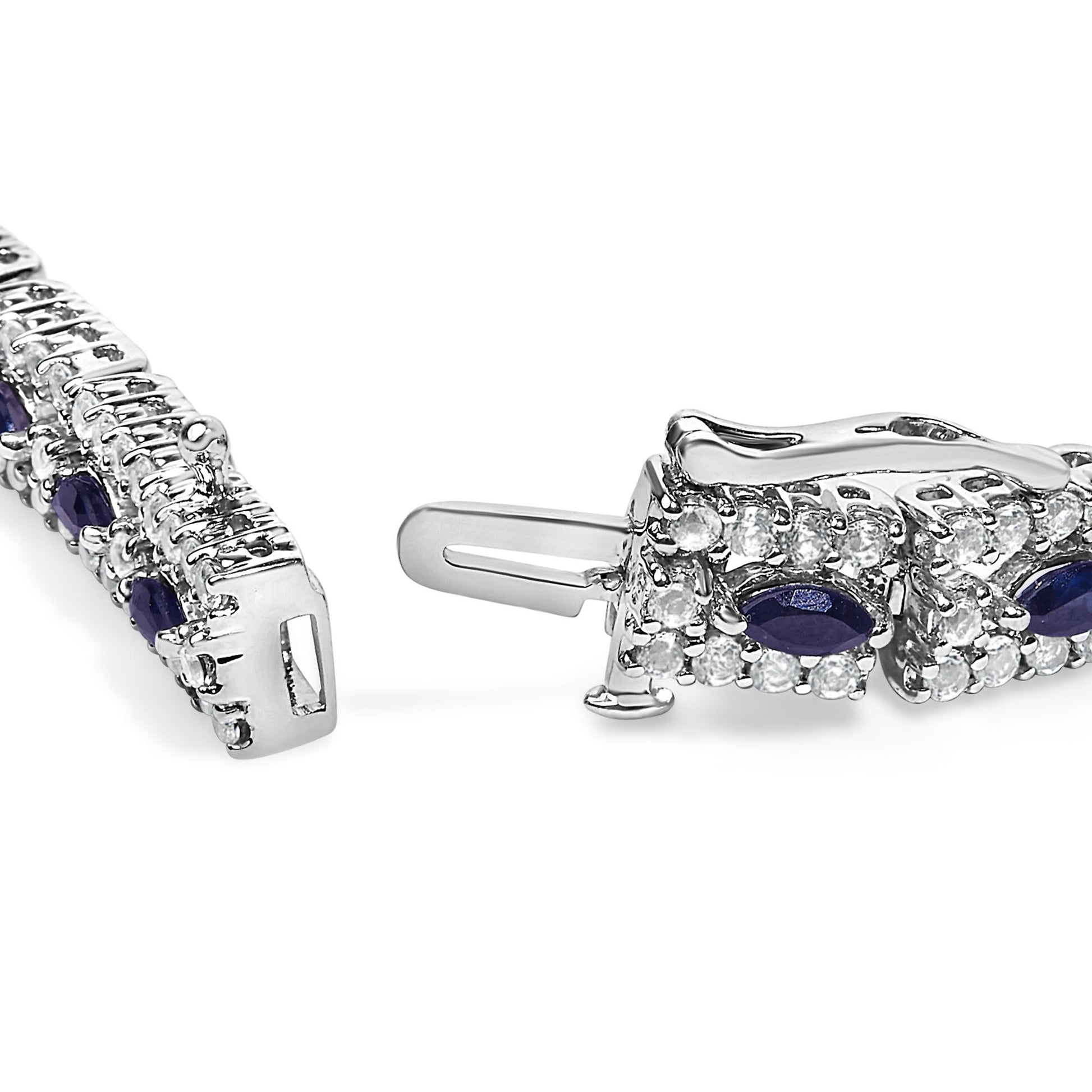 Sterling Silver Dark Blue Sapphire and Topaz Marquise Floral Art Deco Link Bracelet-1