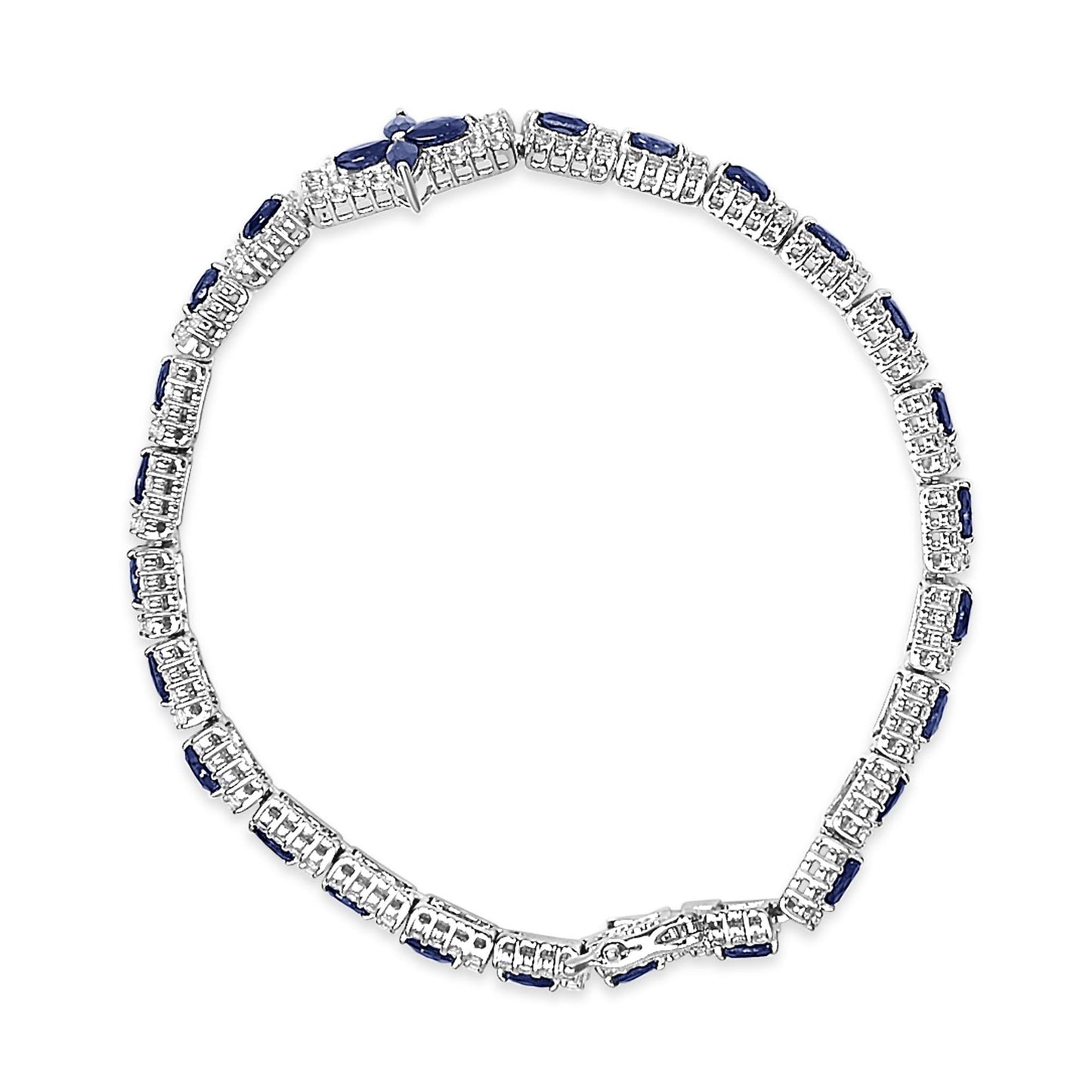 Sterling Silver Dark Blue Sapphire and Topaz Marquise Floral Art Deco Link Bracelet-3