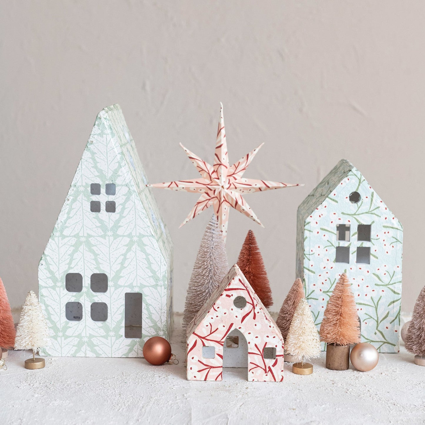 Paper Mache Houses with Christmas Berry & Tree Patterns