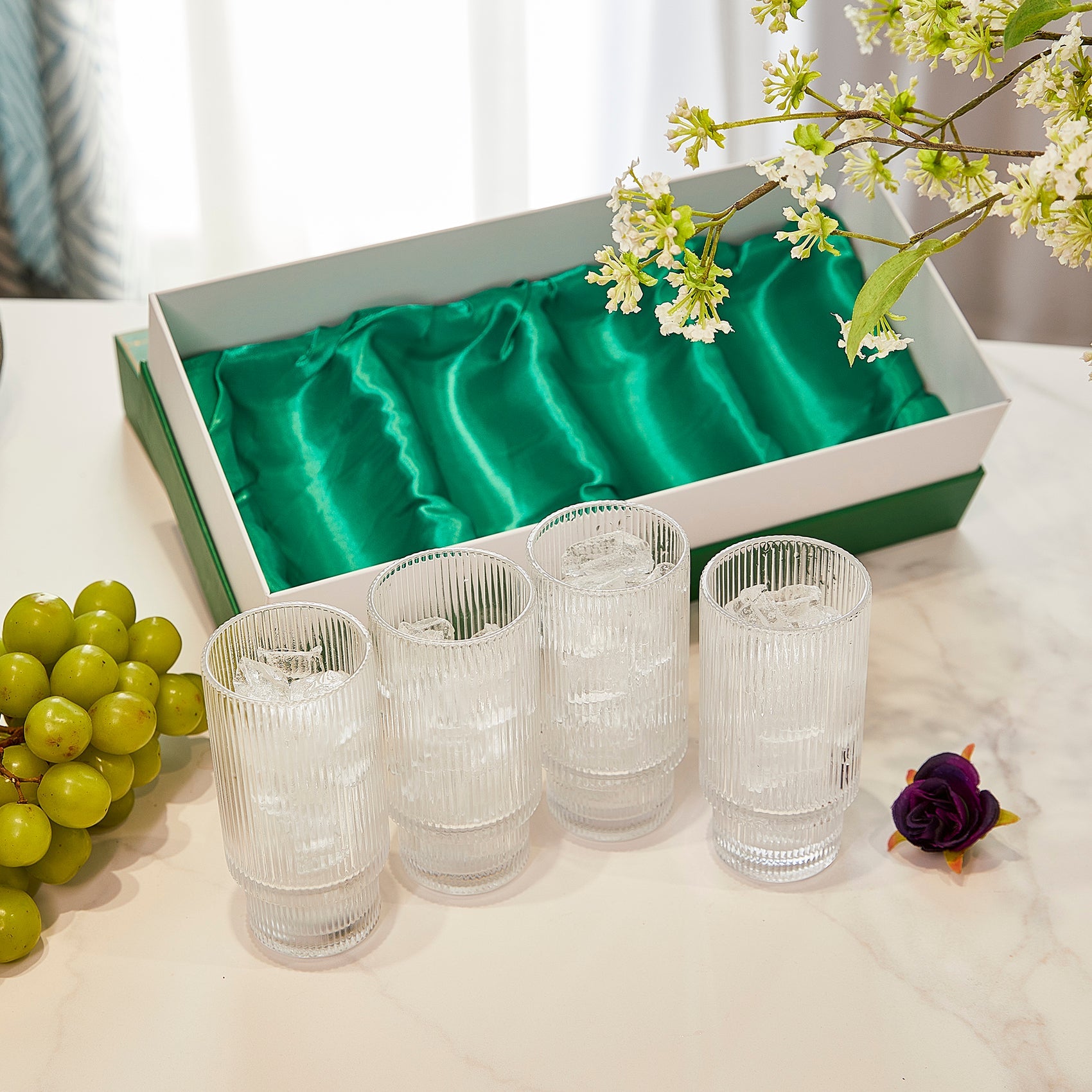 Vintage Art Deco Crystal Highball Ribbed Glass Set of 4 - Ripple, Collins Glassware 14oz Classic Crystal Cocktail Glasses Perfect for Water, Champagne, Beer, Juice, Tom Cocktails - Barware Tumblers-3