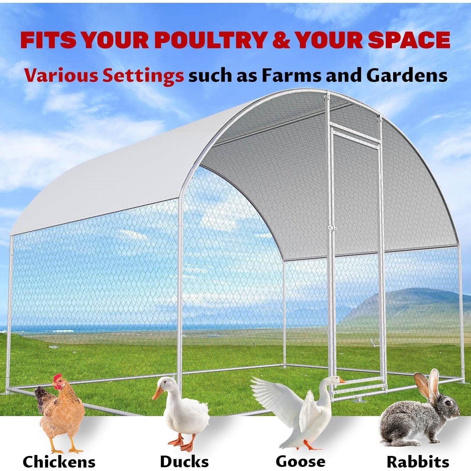 9.8 Ft x 6.6 Ft Outdoor Metal Chicken Coop with Dome Roof and Waterproof Cover-4