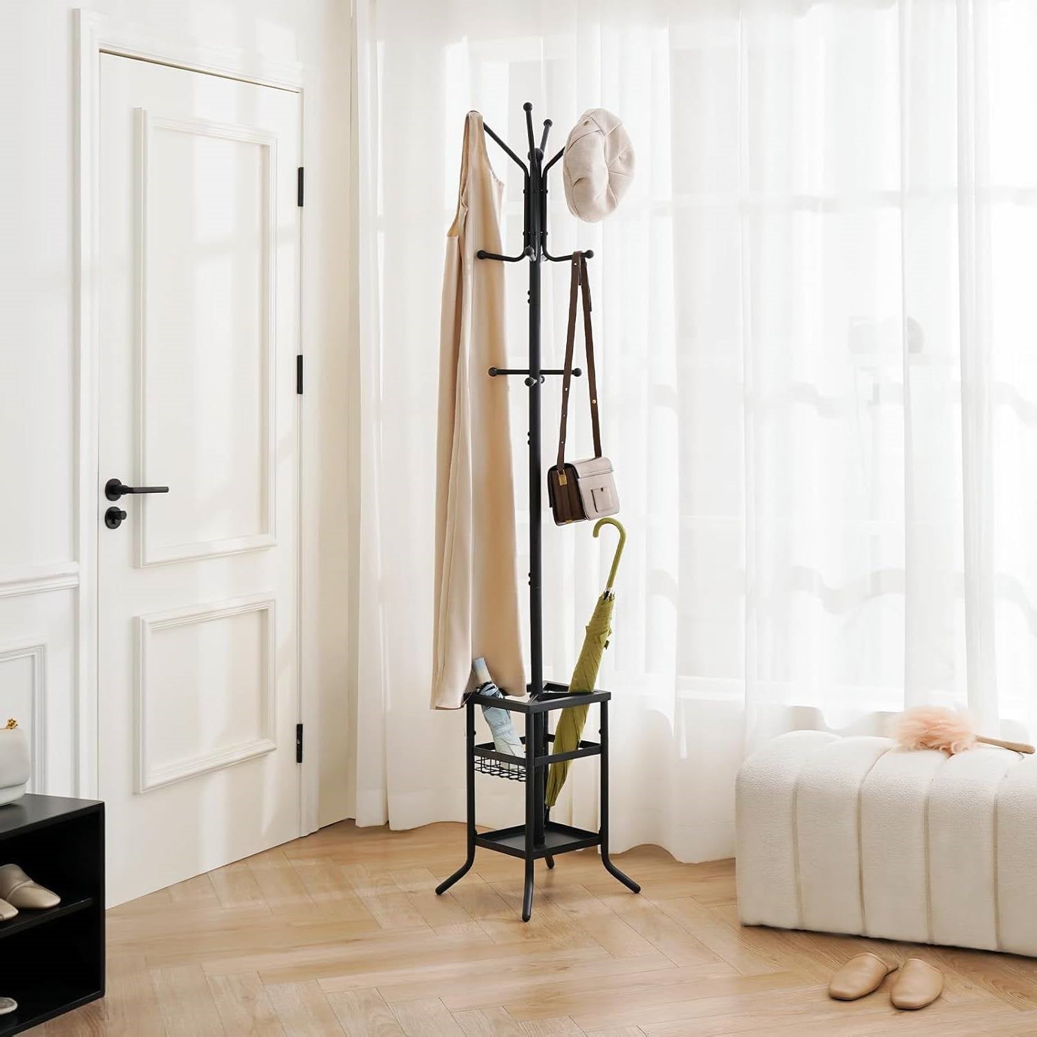 Black Metal Coat Rack Entryway Hall Tree with Umbrella Holder-0