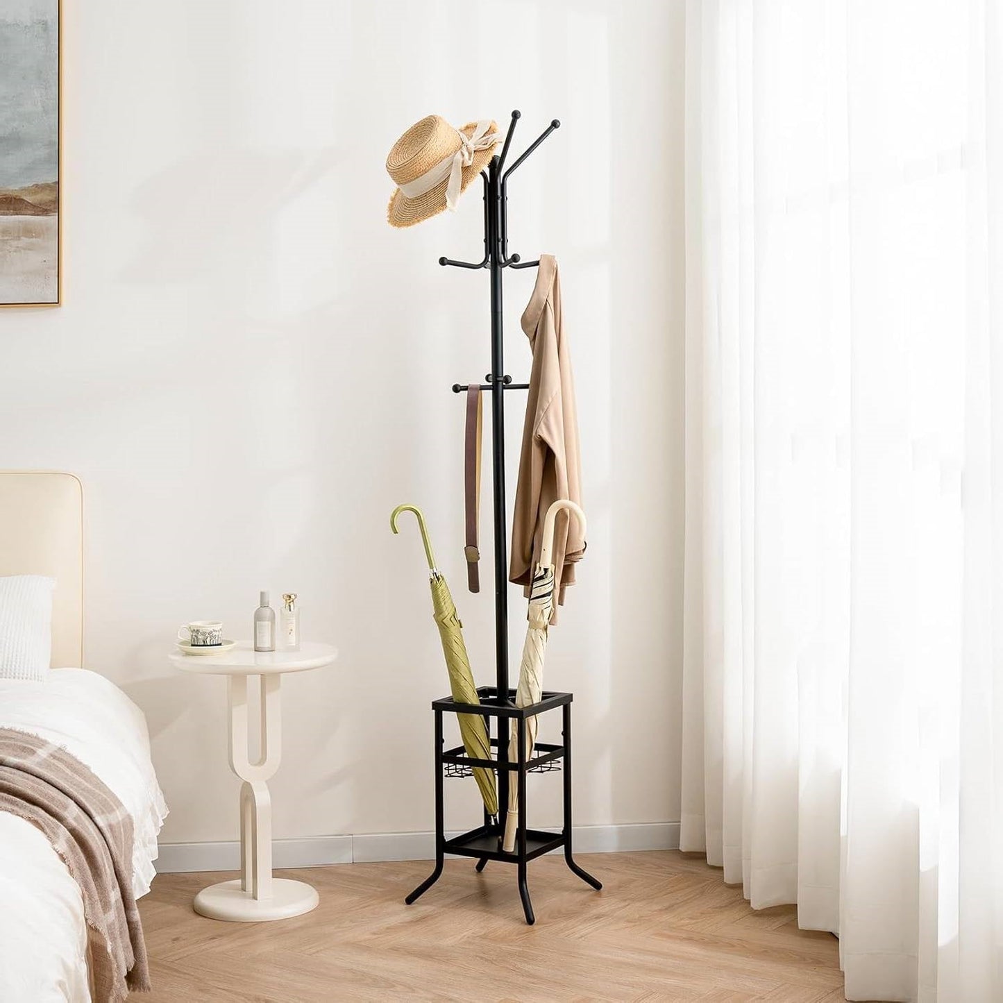 Black Metal Coat Rack Entryway Hall Tree with Umbrella Holder-2