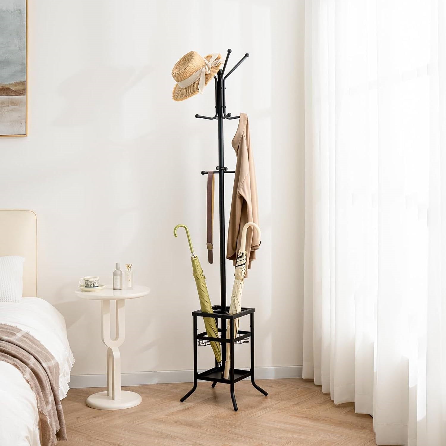 Black Metal Coat Rack Entryway Hall Tree with Umbrella Holder-2
