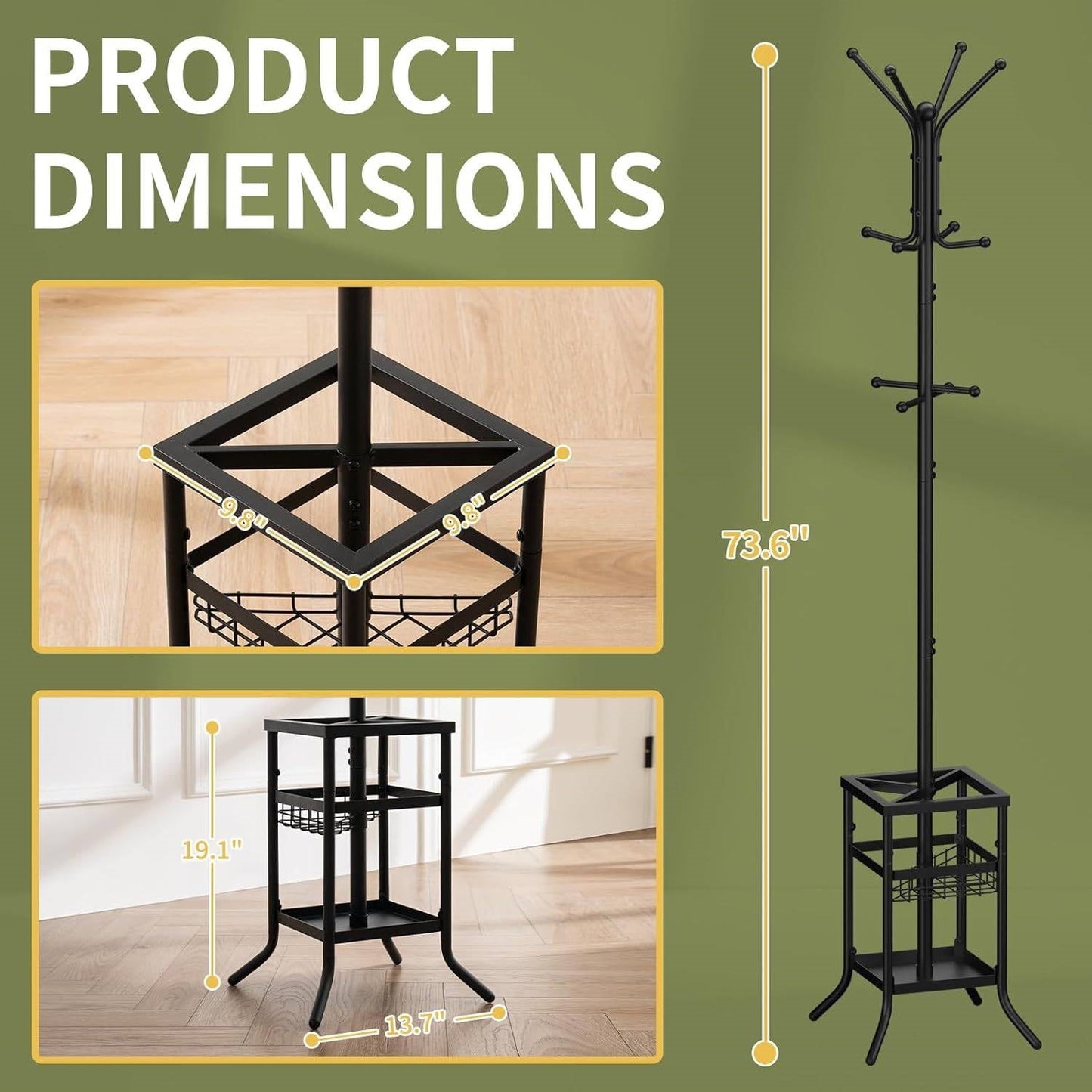 Black Metal Coat Rack Entryway Hall Tree with Umbrella Holder-4
