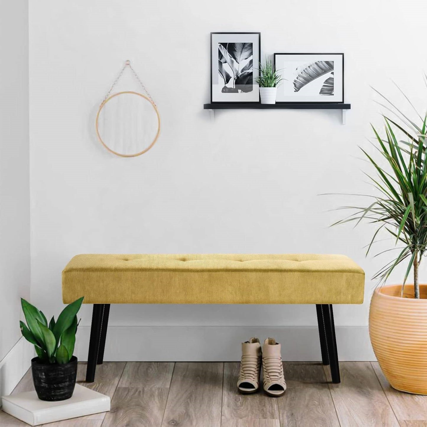 Modern Yellow Corduroy Upholstered End of Bed Bench with Black Metal Legs-2