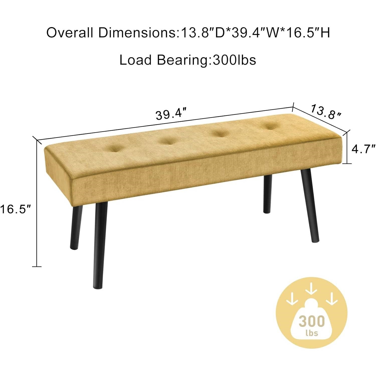 Modern Yellow Corduroy Upholstered End of Bed Bench with Black Metal Legs-4