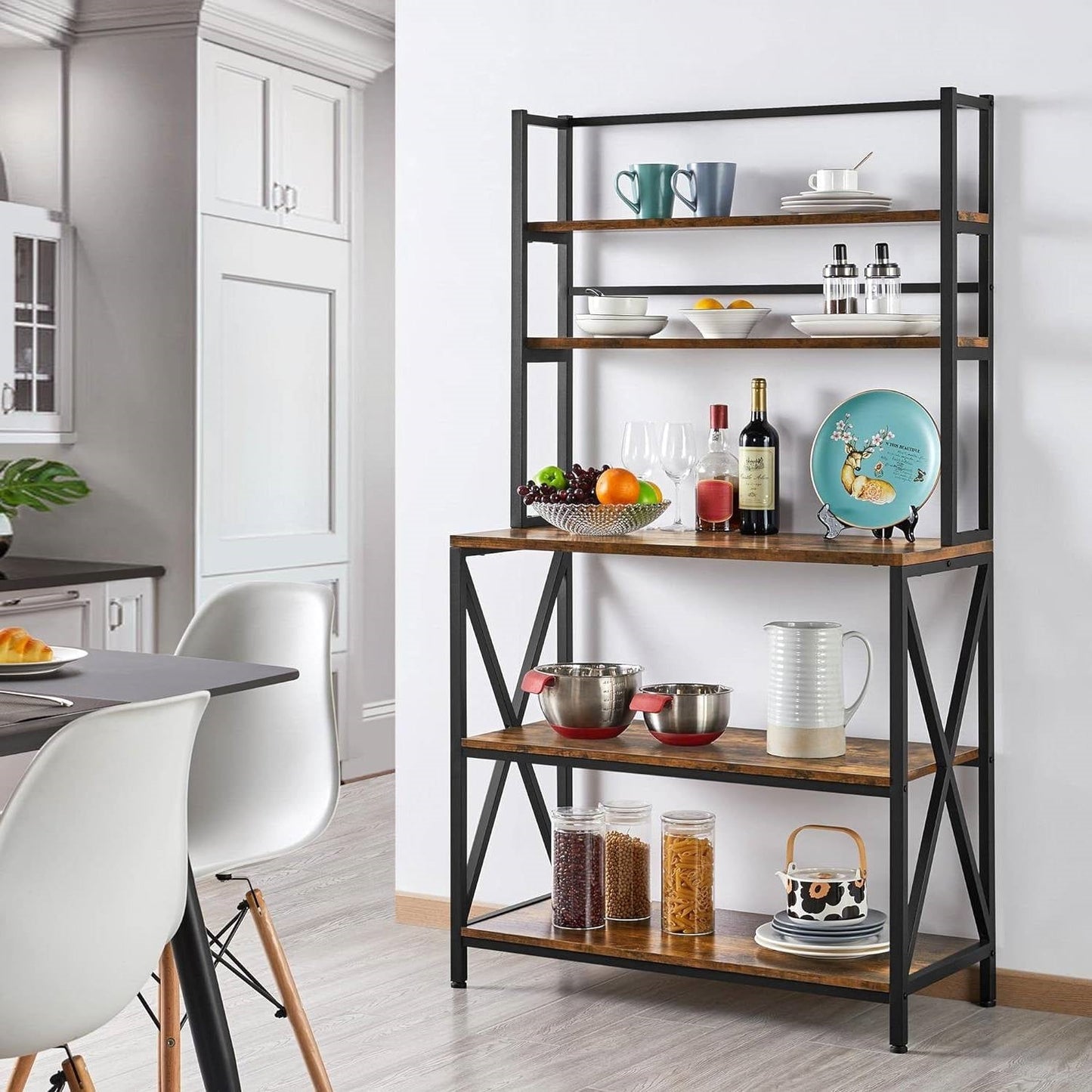 Modern Industrial Metal Wood Bakers Rack Kitchen Storage Shelf-2