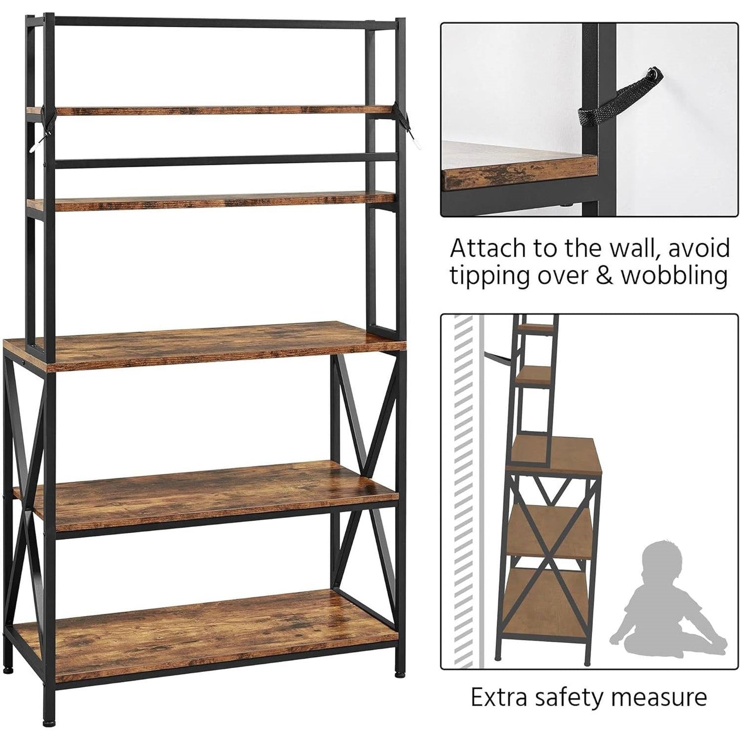 Modern Industrial Metal Wood Bakers Rack Kitchen Storage Shelf-3