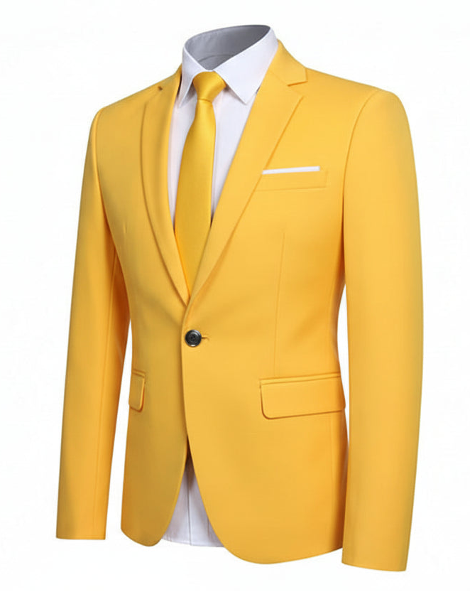 Yellow blazer with a yellow tie and white shirt on a white background