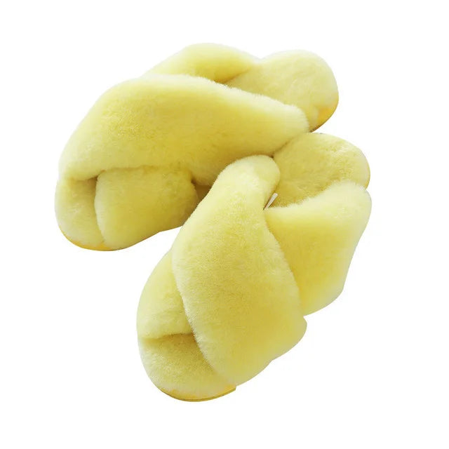 Yellow plush slippers on a white background