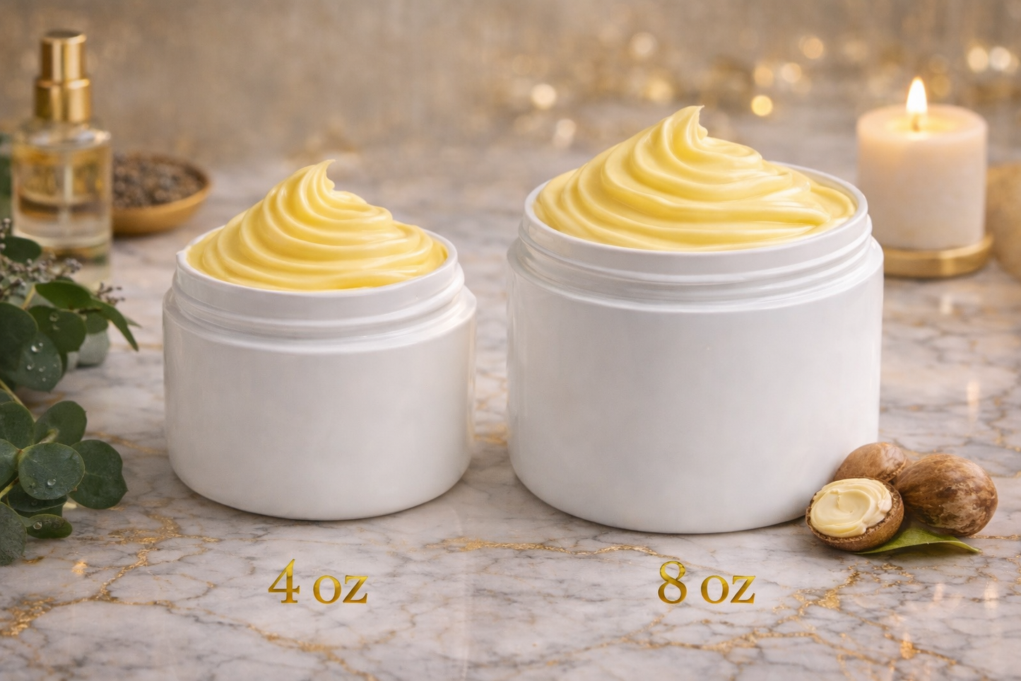 Two white jars with yellow cream, labeled 4 oz and 8 oz, on a decorative background. Yellow shea butter in a container on a marble surface with candles and plants. bestseller whipped mango smell good shea butter moisturizer
