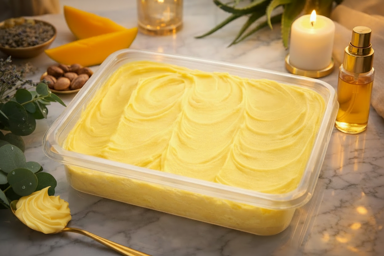 Yellow shea butter in a container on a marble surface with candles and plants. White jar with yellow cream on a marble surface Close-up of creamy yellow substance Yellow shea butter in a container on a marble surface with candles and plants. bestseller whipped mango smell good shea butter moisturizer