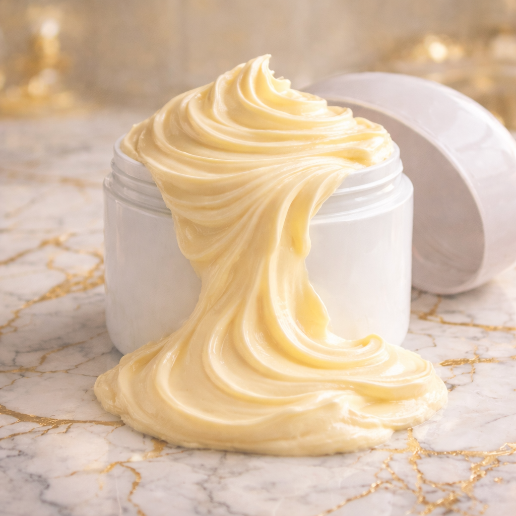 White jar with yellow cream on a marble surface Yellow shea butter in a container on a marble surface with candles and plants. White jar with yellow cream on a marble surface Close-up of creamy yellow substance Yellow shea butter in a container on a marble surface with candles and plants. bestseller whipped mango smell good shea butter moisturizer