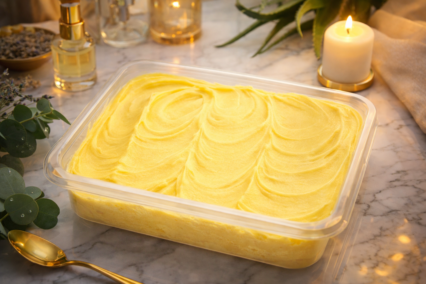 Yellow shea butter in a container on a marble surface with candles and plants. Yellow shea butter in a container on a marble surface with candles and plants. bestseller whipped mango smell good shea butter moisturizer